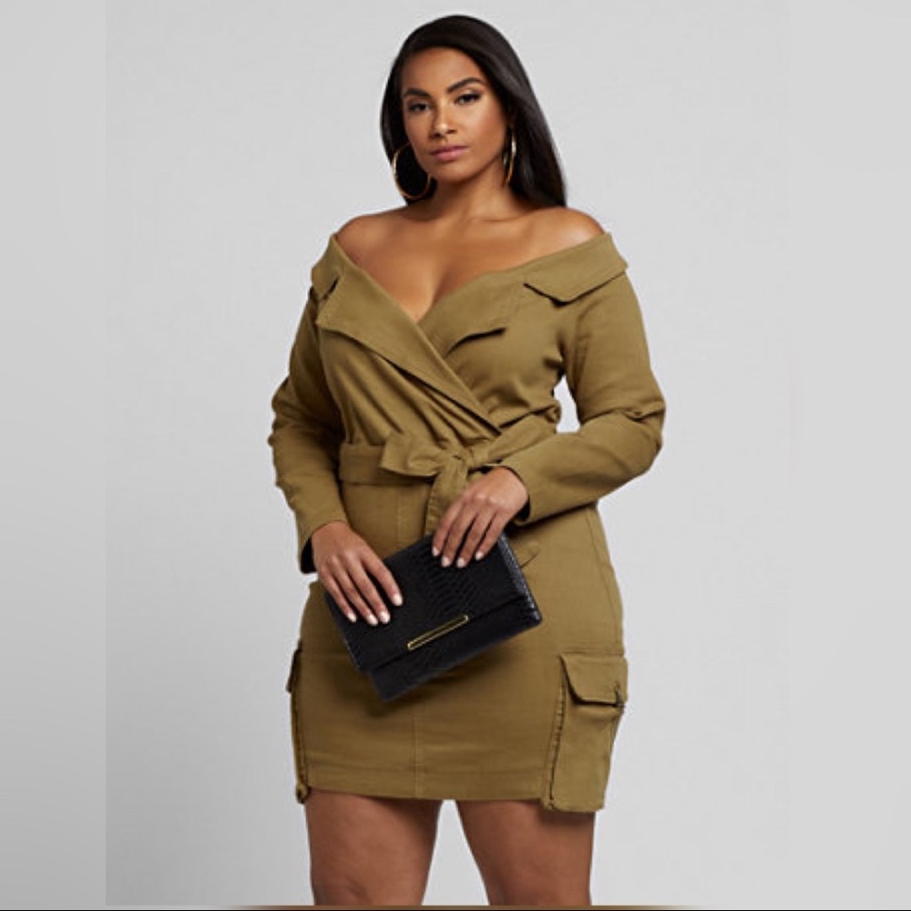 FTF Off The Shoulder Denim Dress w/ Cargo Pockets